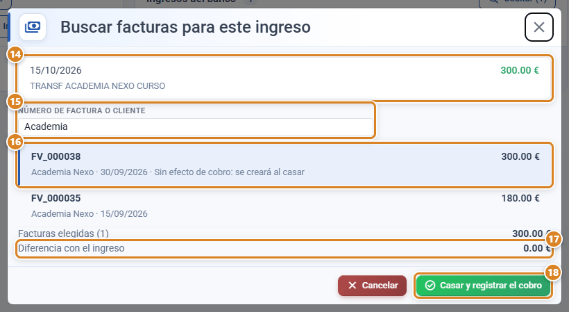 Ventana Buscar facturas para este ingreso en CotizaPrint, el ERP para imprentas: el ingreso del banco, el campo Número de factura o cliente, una factura elegida sin efecto de cobro, la Diferencia con el ingreso y el botón Casar y registrar el cobro