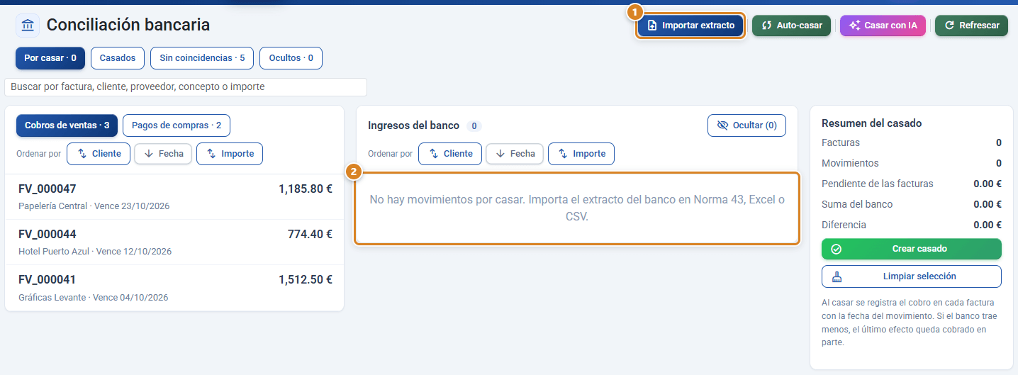 Pantalla de Conciliación bancaria sin extracto importado en CotizaPrint, el ERP para imprentas: botón Importar extracto, facturas de venta pendientes a la izquierda y la columna Ingresos del banco vacía con el aviso de importar el extracto