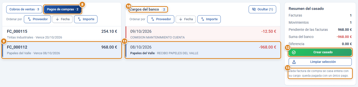 Pestaña Por casar con Pagos de compras en CotizaPrint, el ERP para imprentas: una factura de compra elegida, la columna Cargos del banco con los cargos en rojo, el cargo elegido con el proveedor en negrita y el Resumen del casado con Crear casado
