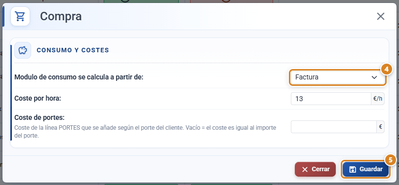 Ventana Compra de la configuración en CotizaPrint, el ERP para imprentas, con la sección Consumo y costes, el campo Modulo de consumo se calcula a partir de: en Factura y el botón Guardar