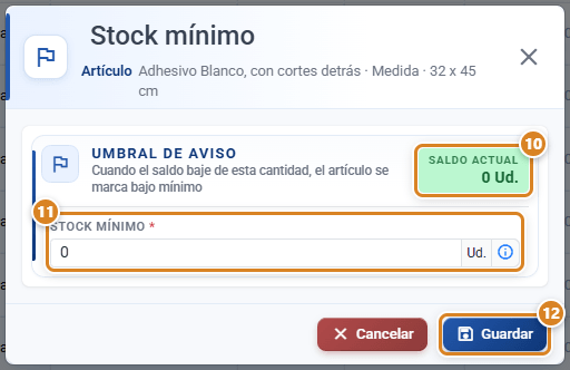 Ventana Stock mínimo en CotizaPrint, el ERP para imprentas, con el artículo, el Saldo actual, el campo Stock mínimo y el botón Guardar