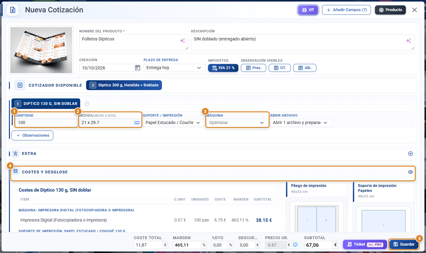 Cotizador de un folleto díptico en CotizaPrint, el ERP para imprentas, con los campos Cantidad y Medida, la Máquina en Optimizar, la sección Costes y desglose y el botón Guardar señalados