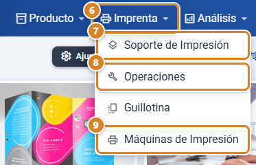 Menú Imprenta de la barra superior de CotizaPrint, el ERP para imprentas, abierto con Soporte de Impresión, Operaciones, Guillotina y Máquinas de Impresión
