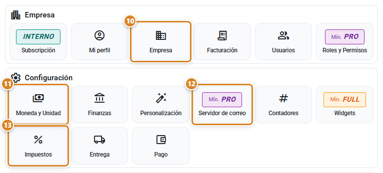 Ventana Configuración de CotizaPrint, el ERP para imprentas, con los apartados Empresa y Configuración y las tarjetas Empresa, Moneda y Unidad, Servidor de correo e Impuestos señaladas