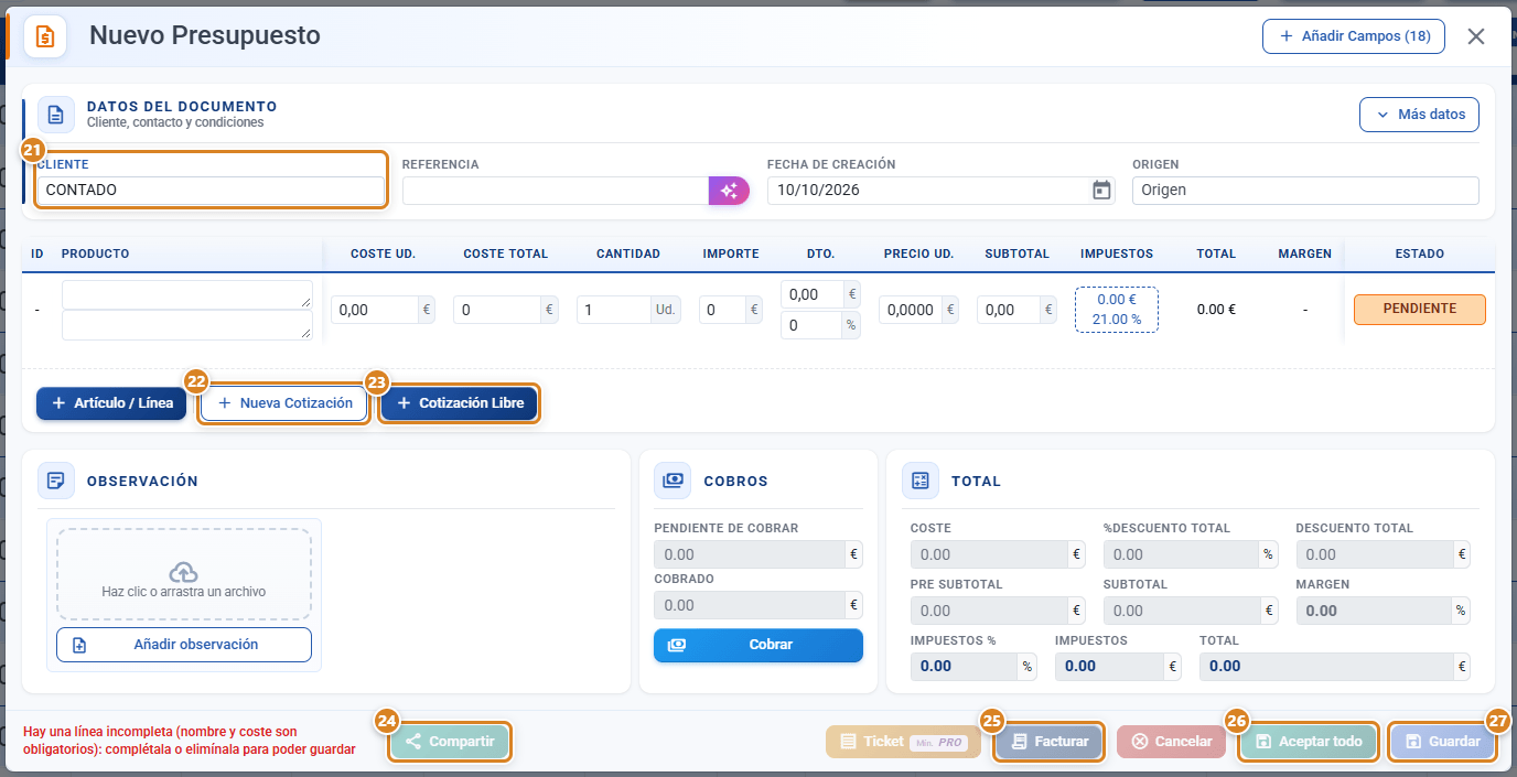 Formulario Nuevo Presupuesto en CotizaPrint, el ERP para imprentas, con el campo Cliente, los botones Nueva Cotización y Cotización Libre y, al pie, Compartir, Facturar, Aceptar todo y Guardar señalados