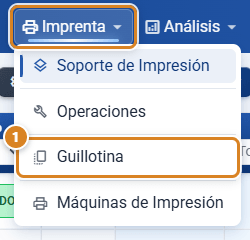 Menú Imprenta desplegado en CotizaPrint, el ERP para imprentas, con las opciones Soporte de Impresión, Operaciones, Guillotina y Máquinas de Impresión