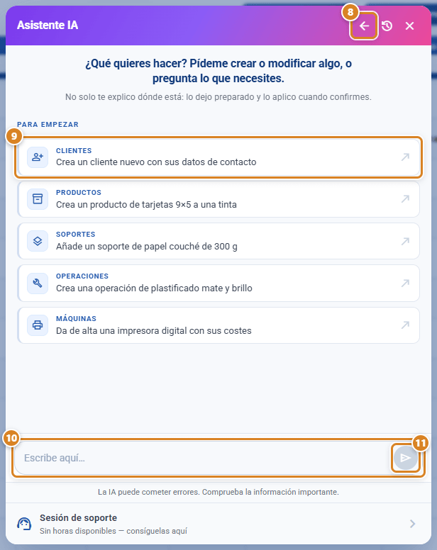 Chat del Asistente IA vacío en CotizaPrint, con los ejemplos de Para empezar, el cuadro Escribe aquí… y los botones Volver al menú y Enviar
