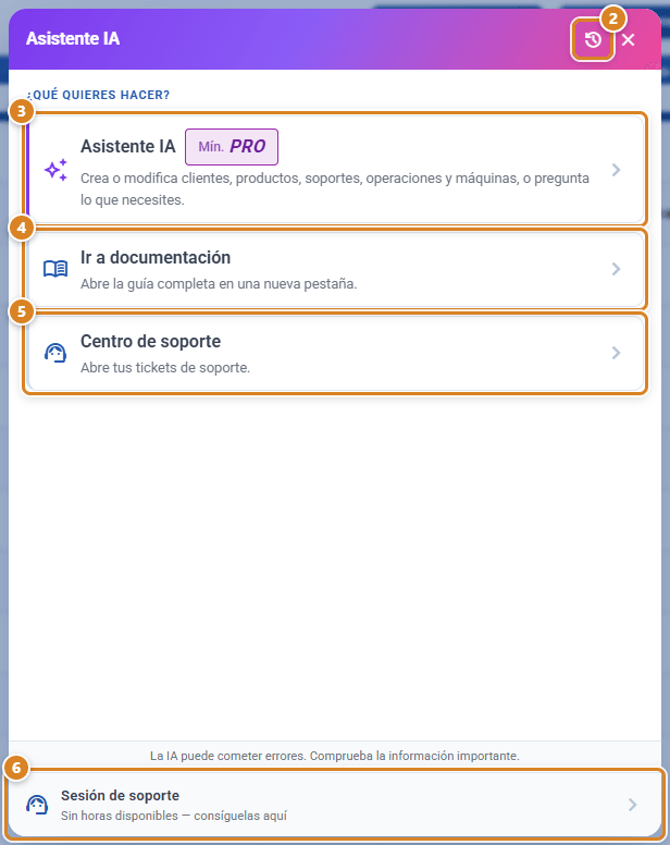 Ventana del Asistente IA en CotizaPrint con el menú ¿Qué quieres hacer?: Asistente IA, Ir a documentación y Centro de soporte, el botón Conversaciones y la franja Sesión de soporte