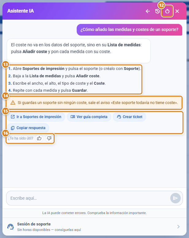 Respuesta del Asistente IA en CotizaPrint a cómo añadir los costes de un soporte, con pasos numerados, un aviso de atención, los botones Ir a Soportes de impresión, Ver guía completa, Crear ticket y Copiar respuesta, y la pregunta ¿Te ha sido útil?