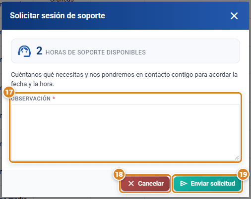 Ventana Solicitar sesión de soporte en CotizaPrint, con las horas de soporte disponibles, el campo Observación y los botones Cancelar y Enviar solicitud