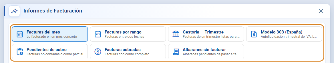 Ventana Informes de Facturación de CotizaPrint con las siete tarjetas de informe: Facturas del mes, Facturas por rango, Gestoría — Trimestre, Modelo 303 (España), Pendientes de cobro, Facturas cobradas y Albaranes sin facturar