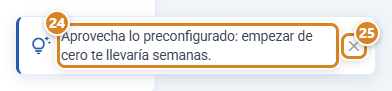 Aviso de consejo en el Inicio de CotizaPrint, el ERP para imprentas: Aprovecha lo preconfigurado, empezar de cero te llevaría semanas, con el botón para cerrarlo