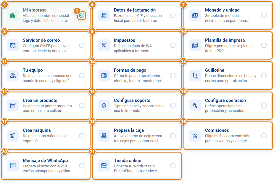 Tarjetas de pasos de la guía de primeros pasos en CotizaPrint, el ERP para imprentas: Mi empresa ya marcada con el círculo verde y el resto de pasos de configuración