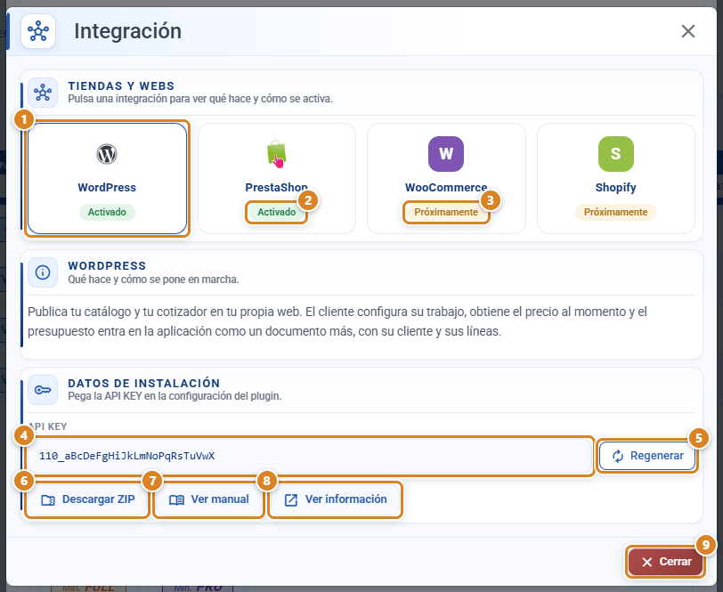 Ventana Integración de CotizaPrint, el ERP para imprentas, con WordPress seleccionado: tarjetas WordPress, PrestaShop, WooCommerce y Shopify con su estado, ficha del conector y Datos de instalación con API KEY, Regenerar, Descargar ZIP, Ver manual y Ver información