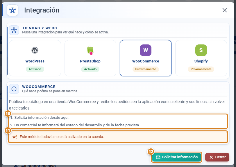 Ficha de un conector que aún no está disponible en la ventana Integración de CotizaPrint, el ERP para imprentas: pasos para activarlo, aviso Este módulo todavía no está activado en tu cuenta y botón Solicitar información