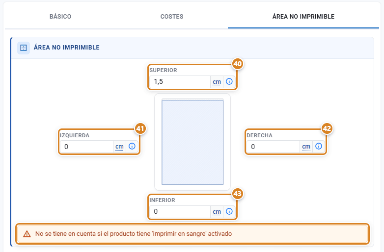 Pestaña Área no imprimible del modal Máquina en CotizaPrint, el ERP para imprentas: márgenes Superior, Izquierda, Derecha e Inferior en cm alrededor del dibujo del pliego y el aviso de imprimir en sangre