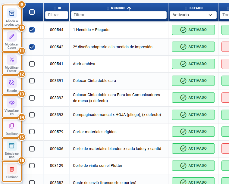 Acciones en lote de Operaciones en CotizaPrint, el ERP para imprentas: dos operaciones marcadas en el listado y la columna de la izquierda con Añadir a productos, Modificar Coste, Modificar Factor, Estado, Visualizar en, Duplicar, Dónde se usa y Eliminar
