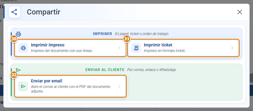 Ventana Compartir abierta desde el botón Imprimir del cobro en CotizaPrint, el ERP para imprentas: apartado Imprimir con Imprimir impreso e Imprimir ticket y apartado Enviar al cliente con Enviar por email