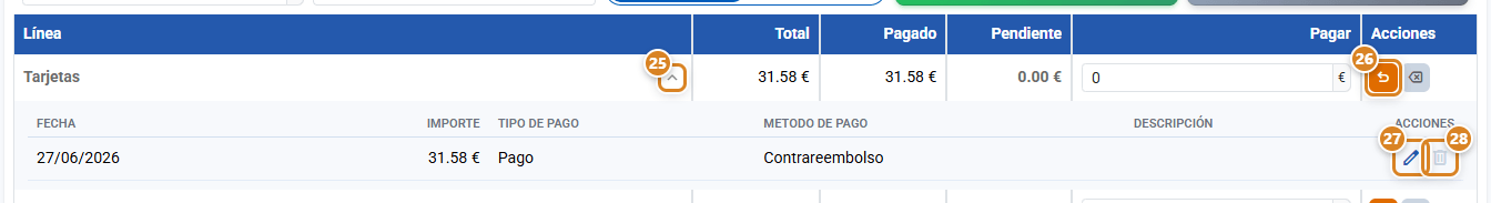 Histórico de cobros de una línea en el modal Realizar cobro de CotizaPrint, el ERP para imprentas: la línea desplegada con su icono Abonar todo y, debajo, el cobro con fecha, importe, tipo de pago, metodo de pago y los iconos Editar y Eliminar