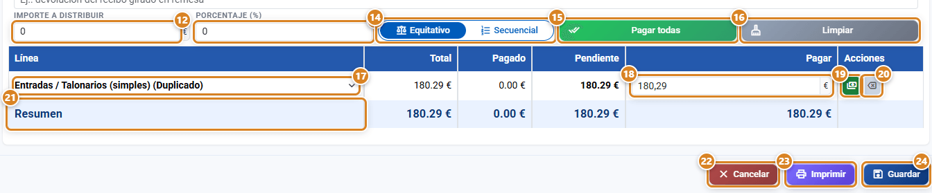 Distribución de importes y tabla de líneas del modal Realizar cobro en CotizaPrint, el ERP para imprentas: Importe a distribuir, Porcentaje, Equitativo o Secuencial, Pagar todas, Limpiar, la línea con su campo Pagar y sus iconos, la fila Resumen y los botones Cancelar, Imprimir y Guardar