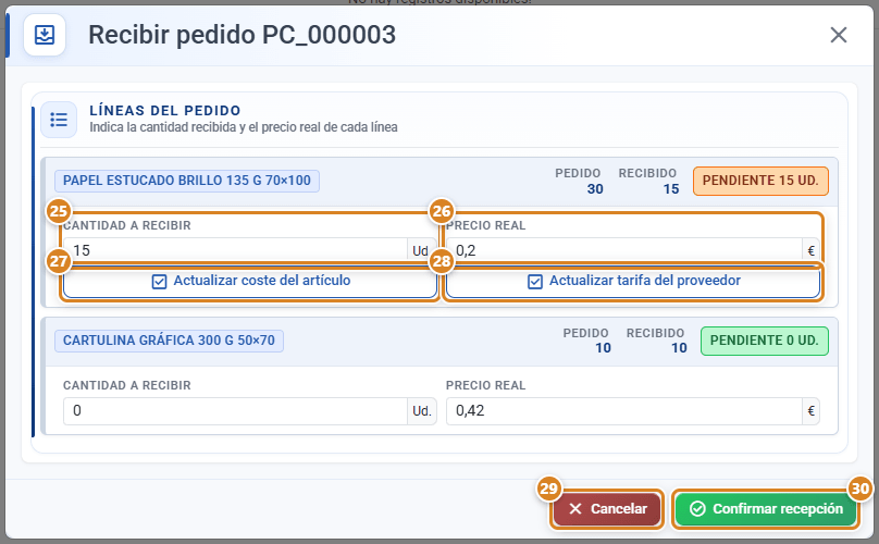 Ventana Recibir pedido en CotizaPrint, el ERP para imprentas, con las líneas del pedido, sus cifras Pedido, Recibido y Pendiente, los campos Cantidad a recibir y Precio real, las opciones Actualizar coste del artículo y Actualizar tarifa del proveedor y los botones Cancelar y Confirmar recepción