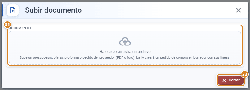Ventana Subir documento de Pedidos de Compra en CotizaPrint, el ERP para imprentas, con la zona Documento para arrastrar el PDF o la foto del proveedor y el botón Cerrar