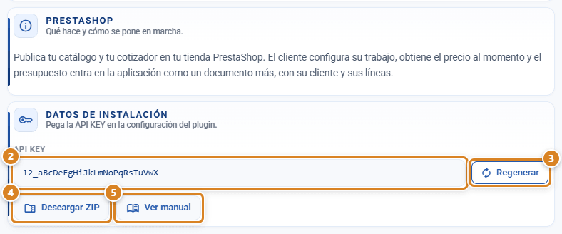 Ficha de PrestaShop en la ventana Integración de CotizaPrint, el ERP para imprentas, con los Datos de instalación: API KEY de ejemplo, Regenerar, Descargar ZIP y Ver manual