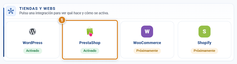 Tarjetas Tiendas y webs de la ventana Integración en CotizaPrint, el ERP para imprentas: WordPress y PrestaShop activados, WooCommerce y Shopify próximamente