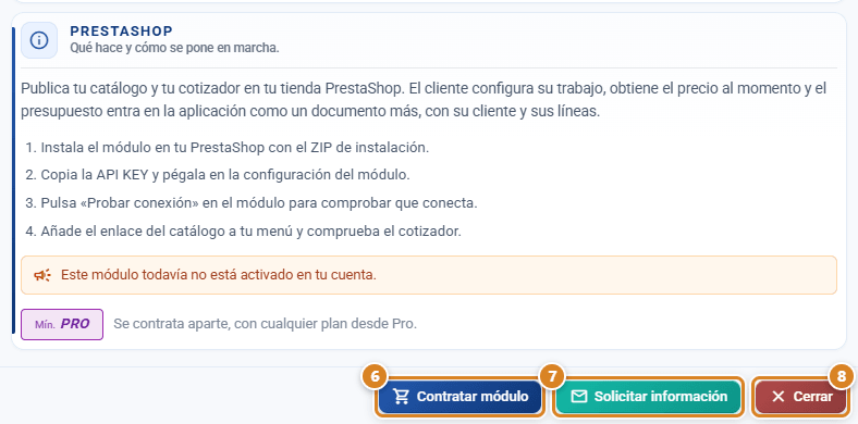 Ficha de PrestaShop sin activar en la ventana Integración de CotizaPrint, el ERP para imprentas: pasos para ponerlo en marcha, aviso Este módulo todavía no está activado en tu cuenta y botones Contratar módulo, Solicitar información y Cerrar
