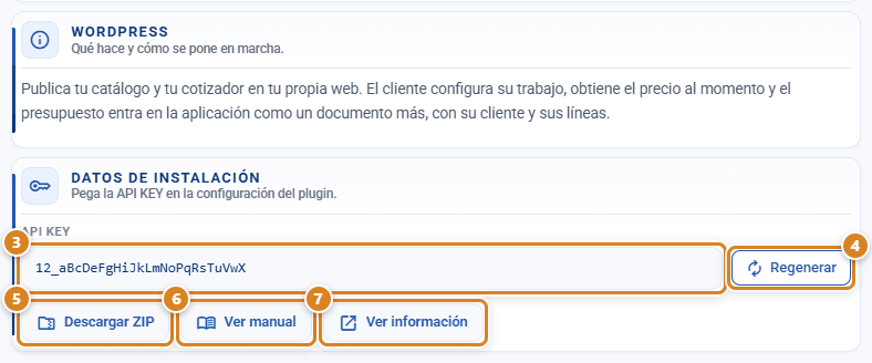 Ficha de WordPress en la ventana Integración de CotizaPrint, el ERP para imprentas, con los Datos de instalación: API KEY de ejemplo, Regenerar, Descargar ZIP, Ver manual y Ver información