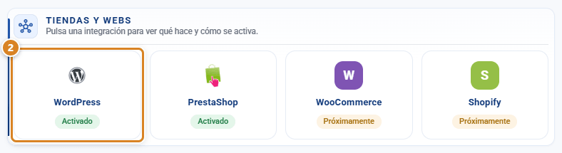 Tarjetas Tiendas y webs de la ventana Integración en CotizaPrint, el ERP para imprentas: WordPress y PrestaShop activados, WooCommerce y Shopify próximamente
