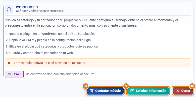 Ficha de WordPress sin activar en la ventana Integración de CotizaPrint, el ERP para imprentas: pasos para ponerlo en marcha, aviso Este módulo todavía no está activado en tu cuenta y botones Contratar módulo, Solicitar información y Cerrar