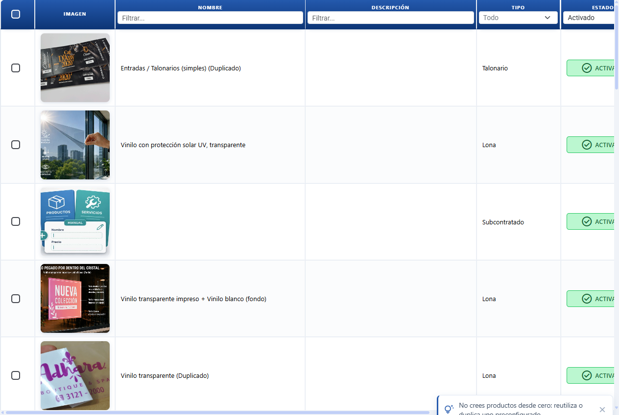 CotizaPrint print product catalogue showing the image, name, type and status of each product