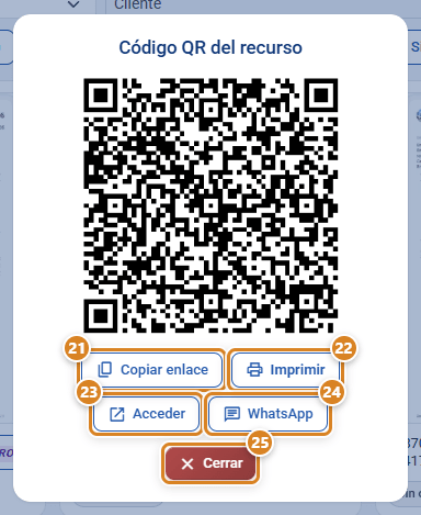 Ventana Código QR del recurso en CotizaPrint, el ERP para imprentas, con el código QR y los botones Copiar enlace, Imprimir, Acceder, WhatsApp y Cerrar