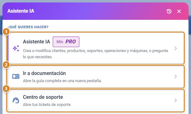 Panel del Asistente IA en CotizaPrint, el ERP para imprentas, con las opciones Asistente IA, Ir a documentación y Centro de soporte