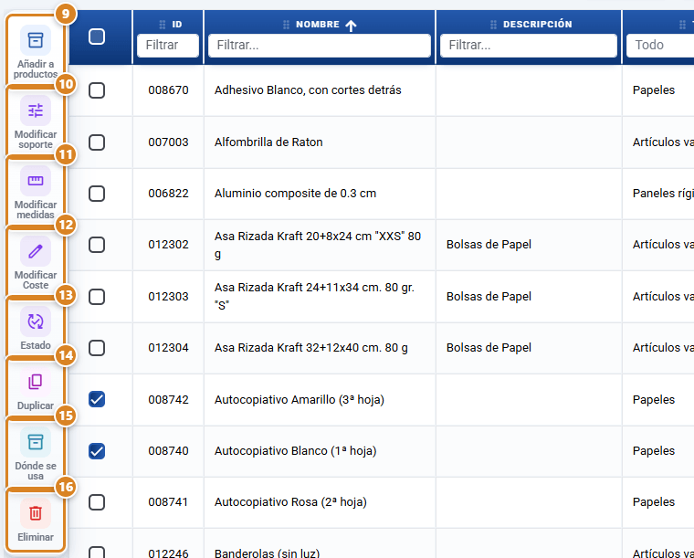 Acciones en lote de Soportes de impresión en CotizaPrint, el ERP para imprentas: dos papeles marcados en el listado y la columna de la izquierda con Añadir a productos, Modificar soporte, Modificar medidas, Modificar Coste, Estado, Duplicar, Dónde se usa y Eliminar