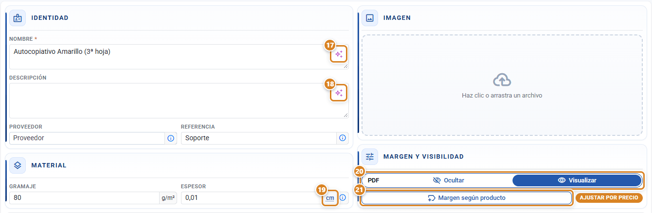 Ficha de un soporte de impresión tipo pliego en CotizaPrint, el ERP para imprentas: secciones Identidad, Material, Imagen y Margen y visibilidad, con los botones del Asistente IA junto a Nombre y Descripción, la unidad del espesor y los toggles PDF y Margen según producto