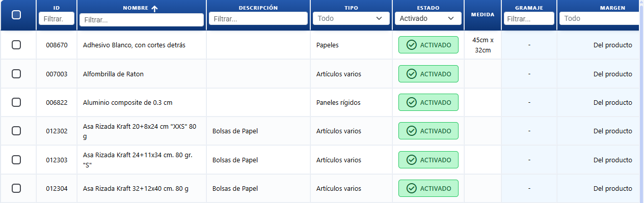 Lista de suportes de impressão (papéis, rolos e painéis) com medida, gramagem e espessura no CotizaPrint