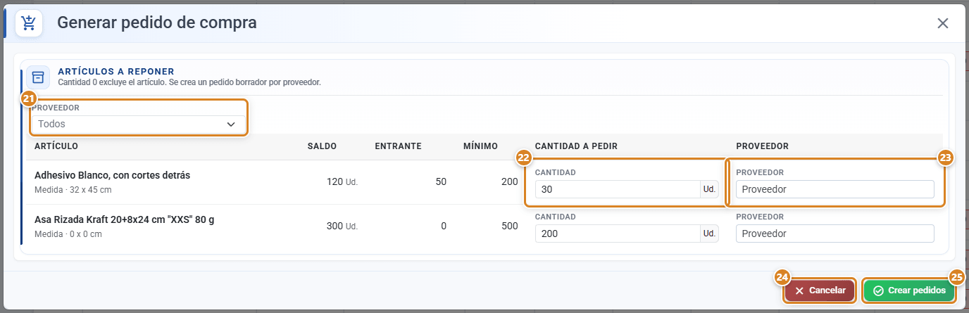 Ventana Generar pedido de compra en CotizaPrint, el ERP para imprentas, con el filtro Proveedor, la tabla Artículos a reponer con Saldo, Entrante, Mínimo, Cantidad a pedir y Proveedor, y los botones Cancelar y Crear pedidos