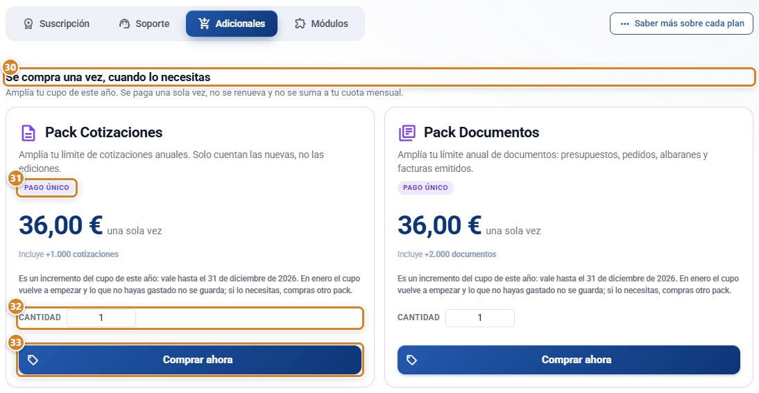 Tab Adicionales del modal Planes y precios en CotizaPrint, el ERP para imprentas: bloque Se compra una vez, cuando lo necesitas con Pack Cotizaciones y Pack Documentos, su etiqueta Pago único, el campo Cantidad y el botón Comprar ahora
