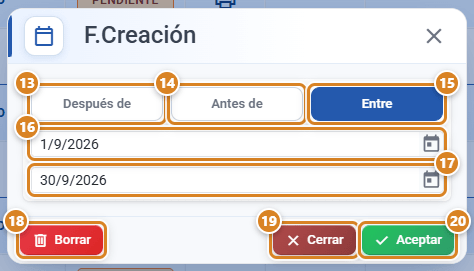 Ventana de filtro por fecha de la columna F.Creación en CotizaPrint, el ERP para imprentas, con los modos Después de, Antes de y Entre, las fechas Desde y Hasta y los botones Borrar, Cerrar y Aceptar