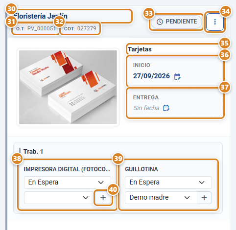 Tarjeta de un trabajo en el Organizador de Trabajos de CotizaPrint, el ERP para imprentas, en vista Detalle: cliente, O.T, Cot, estado Pendiente, menú de acciones, nombre del producto, fechas Inicio y Entrega y las tareas de máquina y guillotina con su estado y su usuario