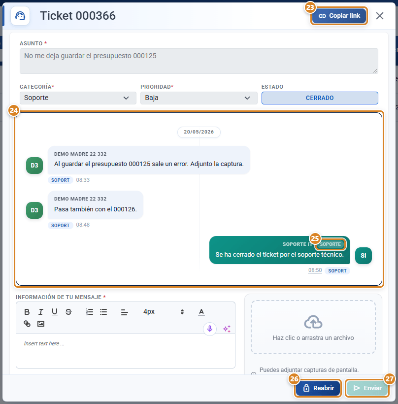 Ticket ya creado en CotizaPrint, el ERP para imprentas: botón Copiar link, historial de la conversación con la etiqueta Soporte en la respuesta del equipo técnico y botones Reabrir y Enviar