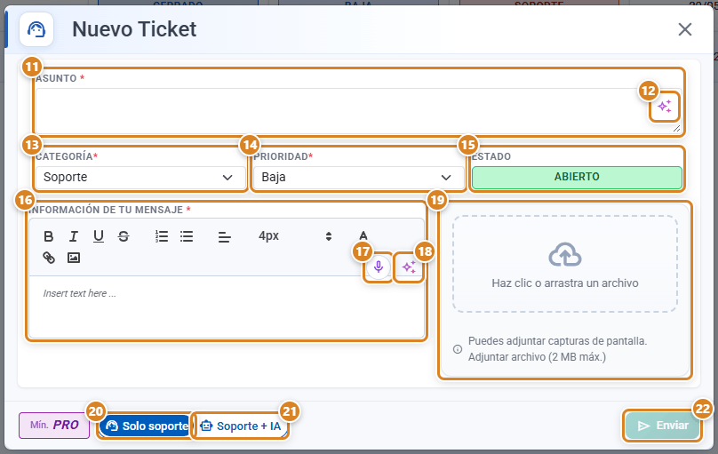 Ventana Nuevo Ticket en CotizaPrint, el ERP para imprentas: Asunto, Categoría, Prioridad, Estado, Información de tu mensaje, zona para adjuntar archivos, toggle Solo soporte / Soporte + IA y botón Enviar